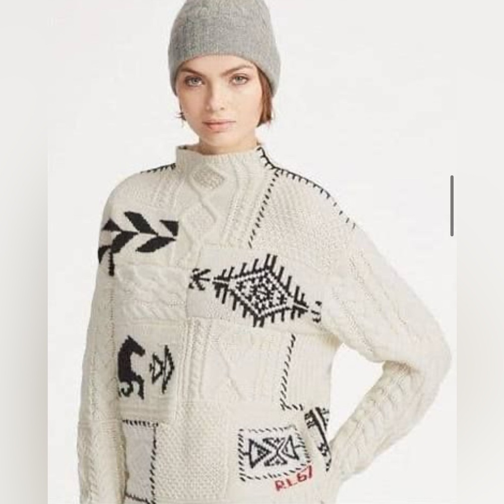 Ralph Lauren CableKnit Wool Alpaca Sweater Horse Equestrian Patchwork Mock Neck - Picture 6 of 7